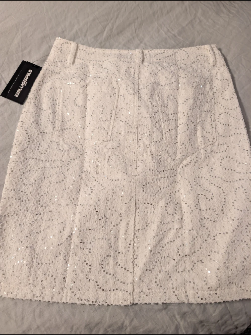 NWT Karl Lagerfeld Paris White Sequin Denim Pencil Skirt Size 8 Glam